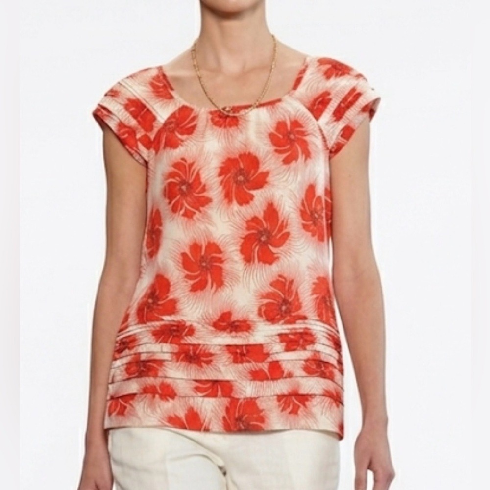 Calvin Klein‎ Orange Floral Cap Sleeve Blouse with Pleated Tiered Hem